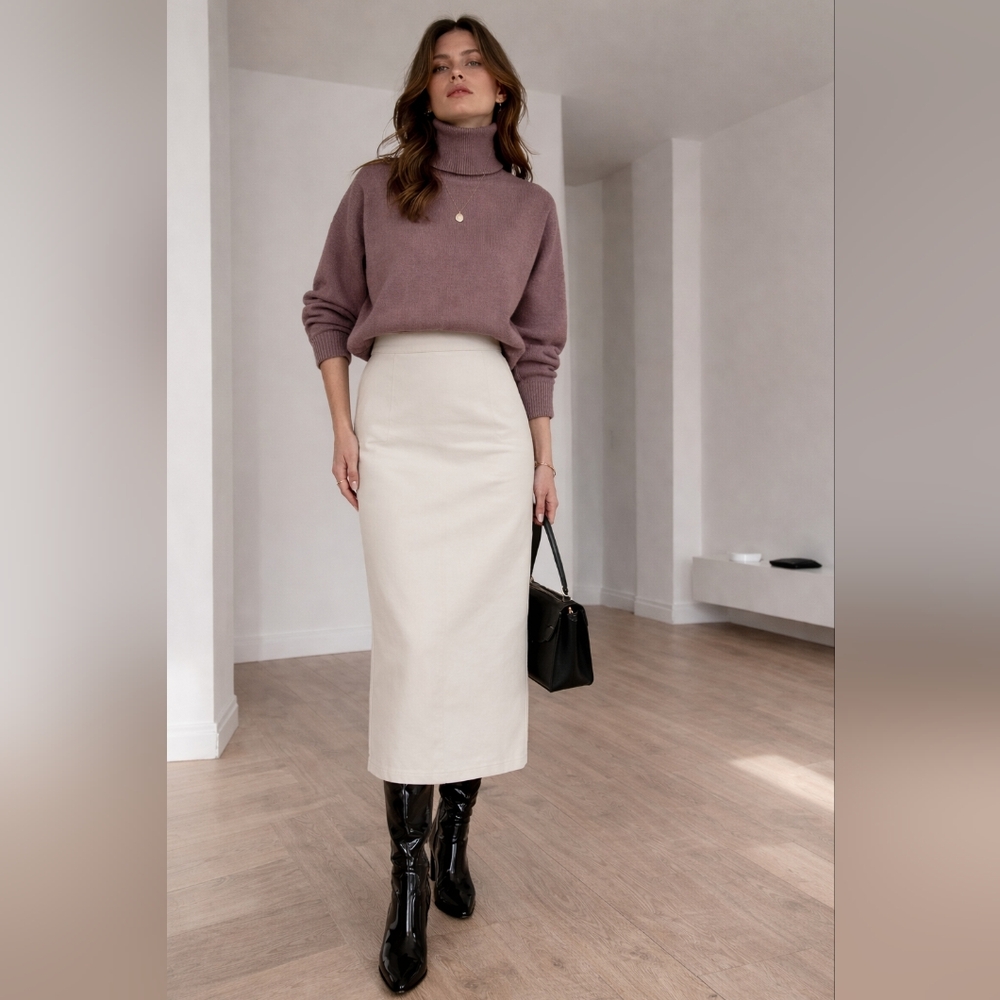 Lamarque Ecru Cotton Jean Column Midi Skirt-Fully Lined